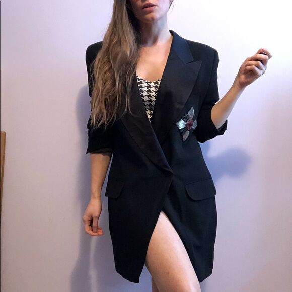 Vintage Rena Lange Black Long Tuxedo Blazer Jacket M/L Beaded Crest Evening - Picture 1 of 13